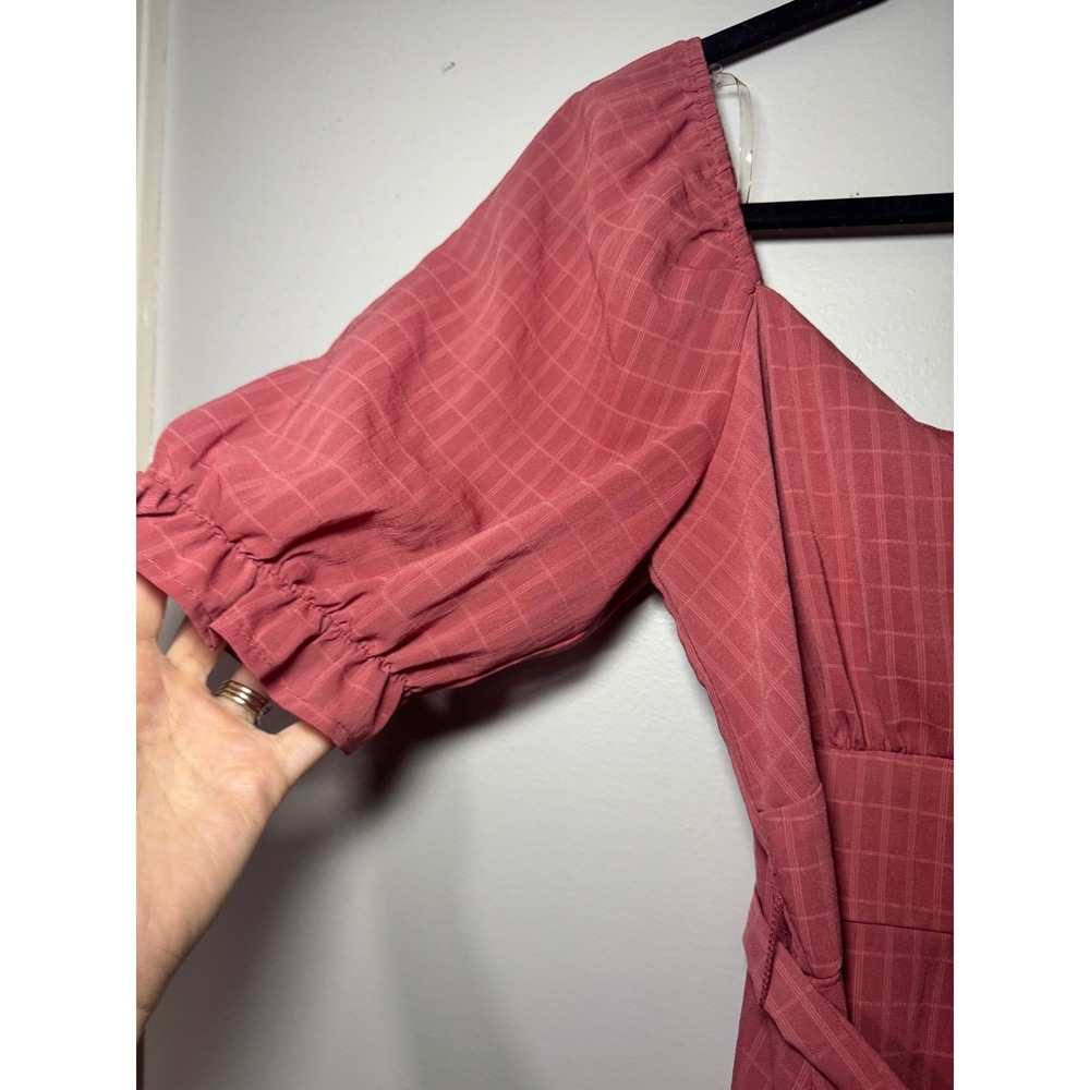Altar'd State Pink Grid Ruffle Mini Dress Puff Sleeve Surplice Wrap 26BX54FCLI M - Picture 4 of 6